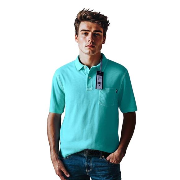 VINEYARD VINES Men's ISLAND Dyed Slub COTTON Pocket Polo CAICOS LARGE Aqua Blue - Picture 1 of 15